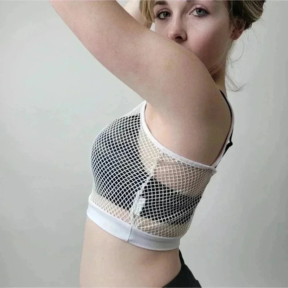 White fishnet crop tank top sheer mesh rave yoga - Picture 2 of 5